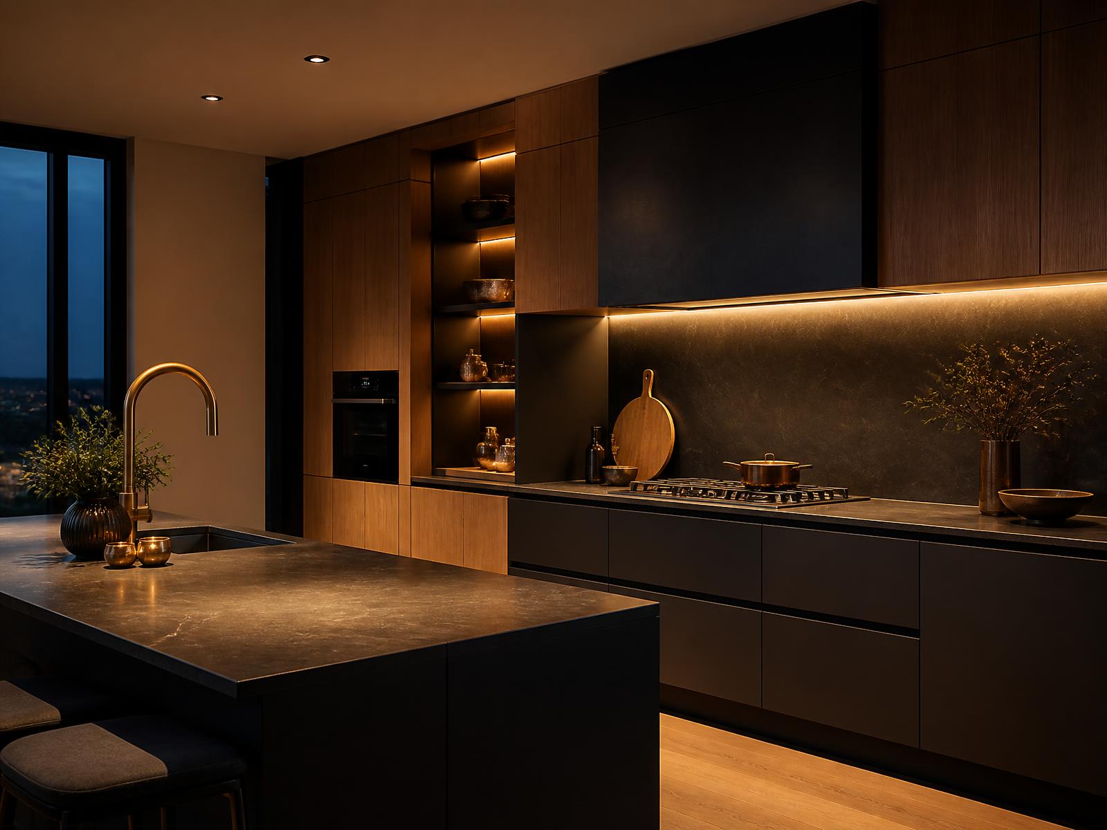 Luxe moderne keuken met matzwarte fronten, eiken kasten en natuurstenen werkblad