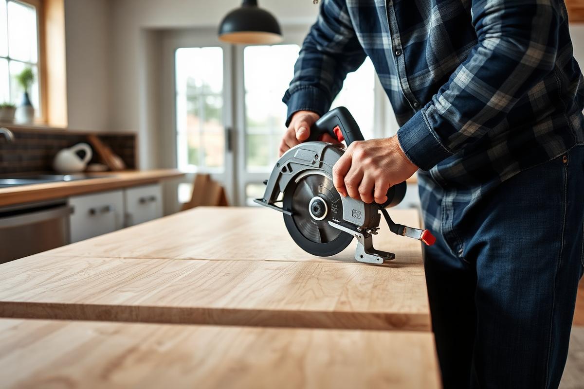 Vakman zaagt een houten keukenwerkblad op maat met een cirkelzaag